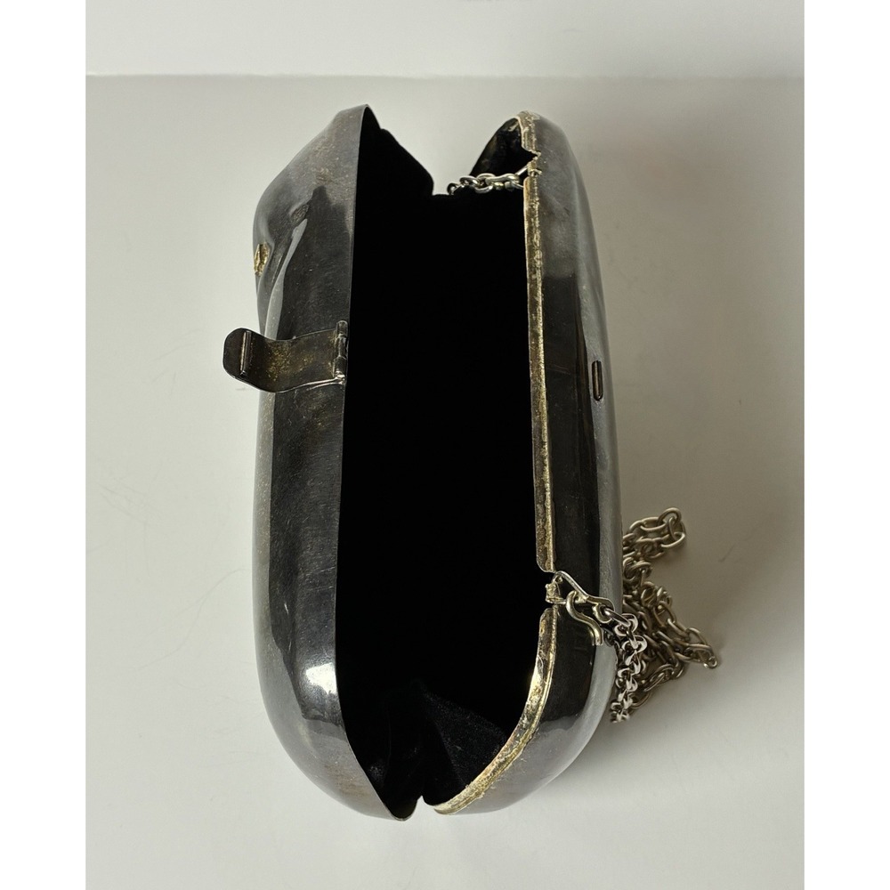Vintage Mexican Metal Purse w/Art Deco Gem Eyed Panther, Velvet, Chain Strap - Picture 7 of 14